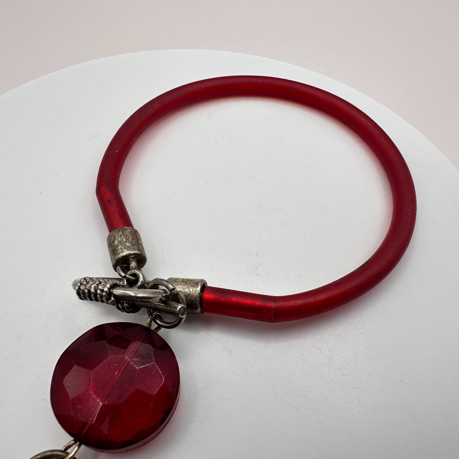 Vintage Y2K Red Lucite Bracelet Faceted Bead Rhinestone Ball Charms Jewelry - Thumbnail 4