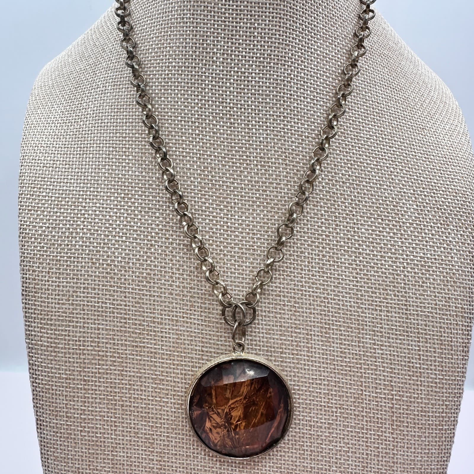 Vintage 90s Silver Tone Amber Foil Glass Round Pendant Necklace Women's Jewelry - Thumbnail 7