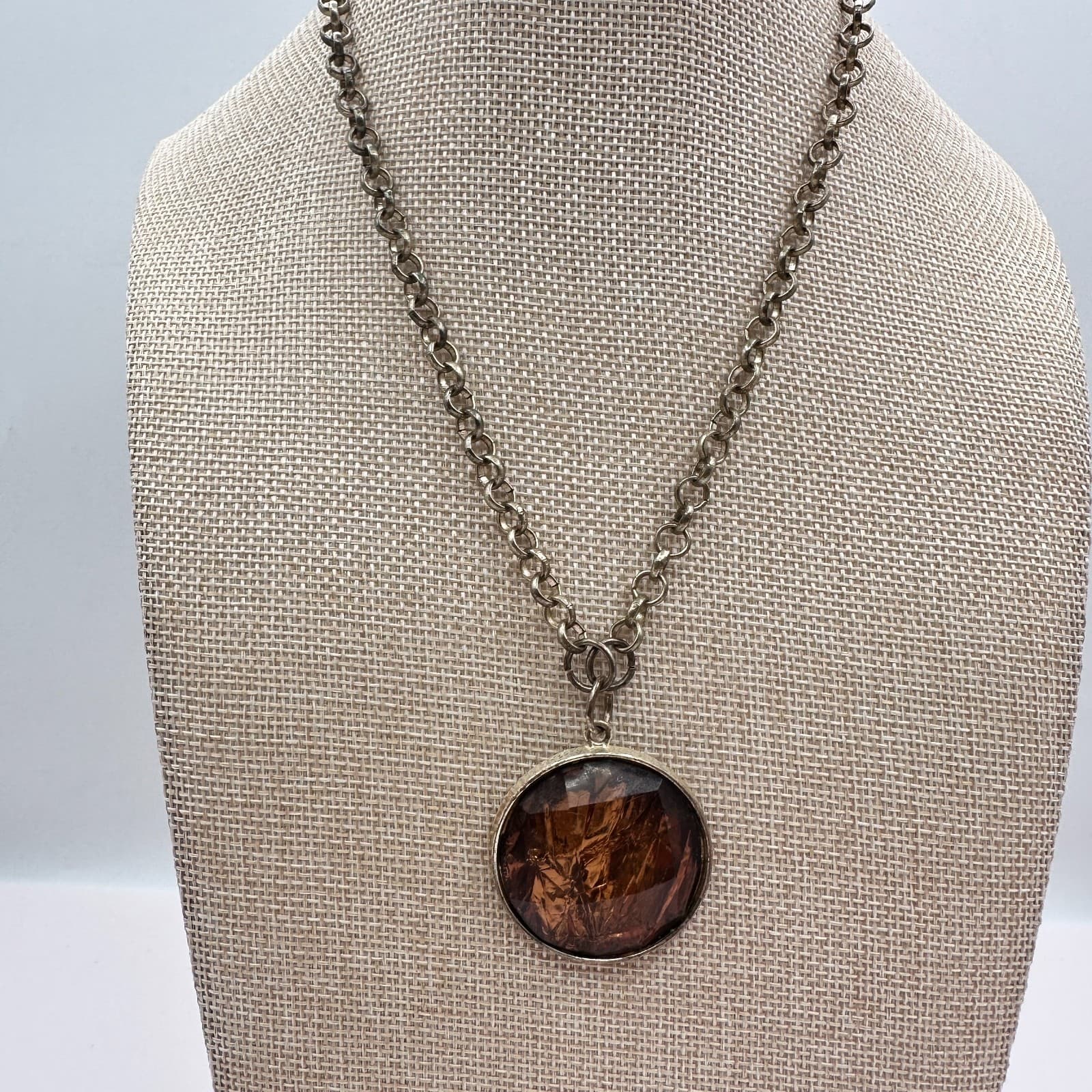Vintage 90s Silver Tone Amber Foil Glass Round Pendant Necklace Women's Jewelry - Thumbnail 3