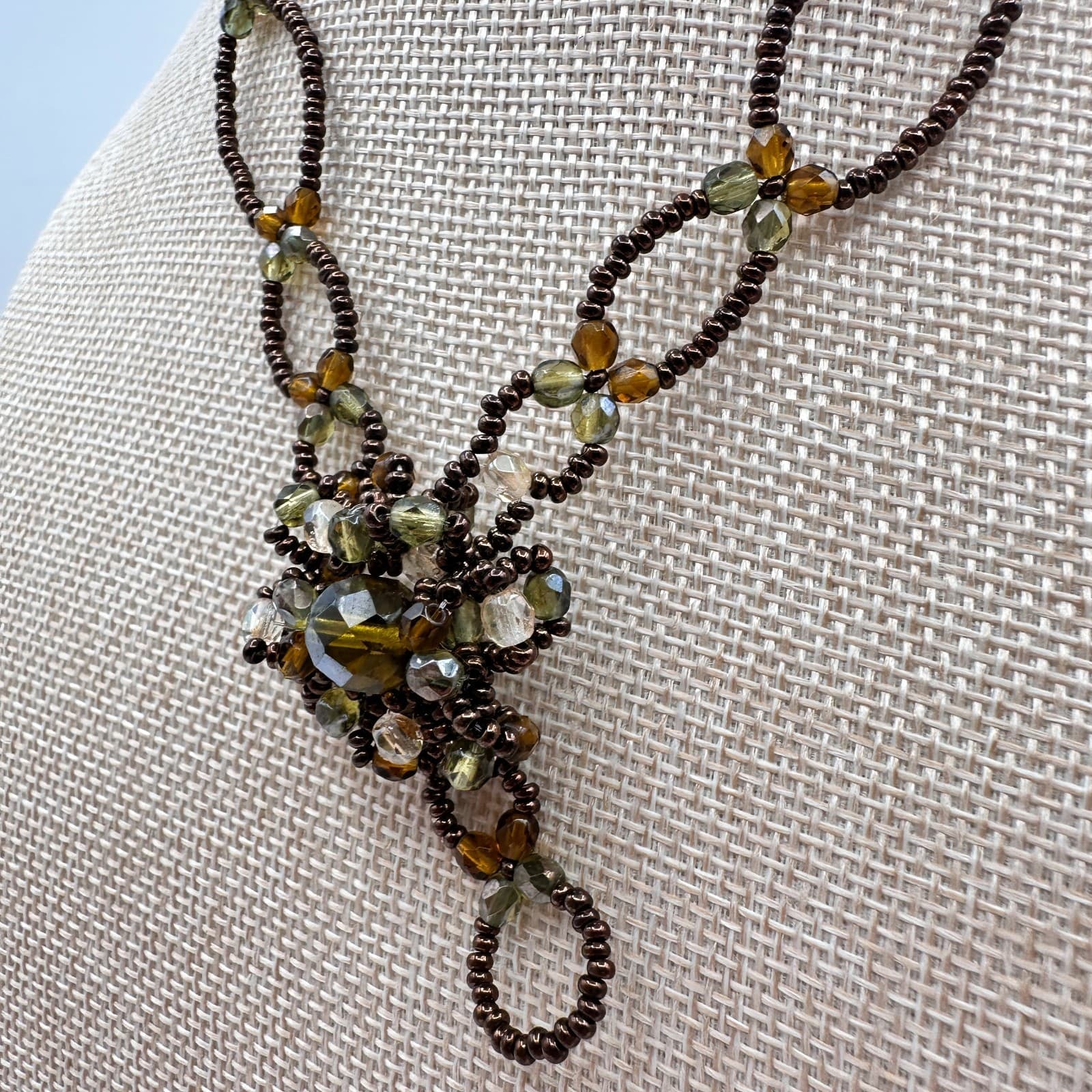 Vintage Y2K Earth Tone Seed Beaded Necklace Statement Women's Classic Jewelry - Thumbnail 5