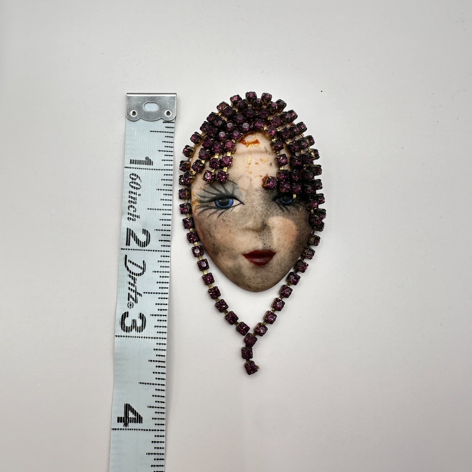 Vintage 80s Art Deco Face Brooch Pin Purple Rhinestone Statement Women's Jewelry - Thumbnail 7
