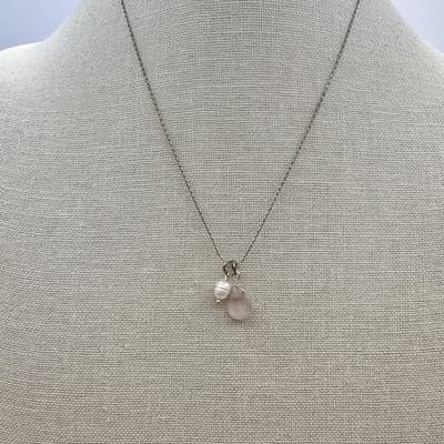 Vintage Y2K Rose Quartz Pearl Teardrop Pendant Necklace Silver Tone Jewelry - Thumbnail 7