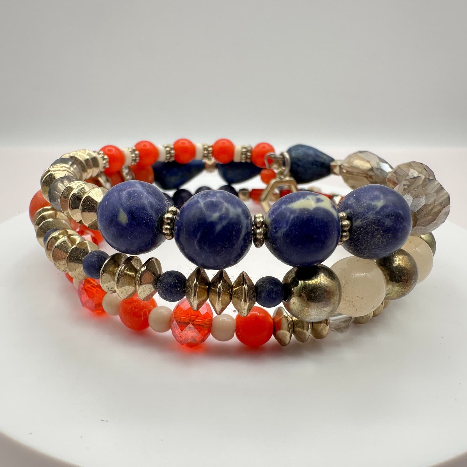 Vintage 90s Boho Stranded Sodalite Orange Bead Memory Wire Wrap Bracelet Jewelry - Thumbnail 4