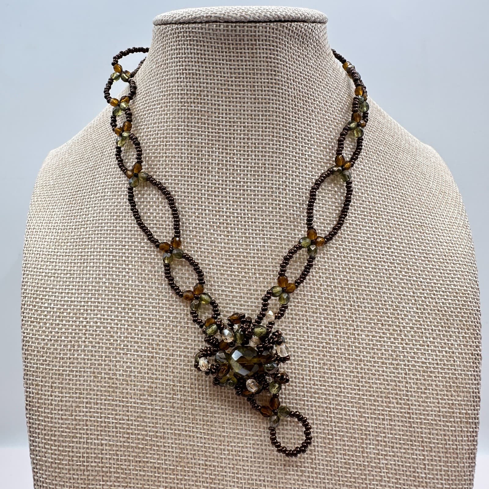 Vintage Y2K Earth Tone Seed Beaded Necklace Statement Women's Classic Jewelry - Thumbnail 8