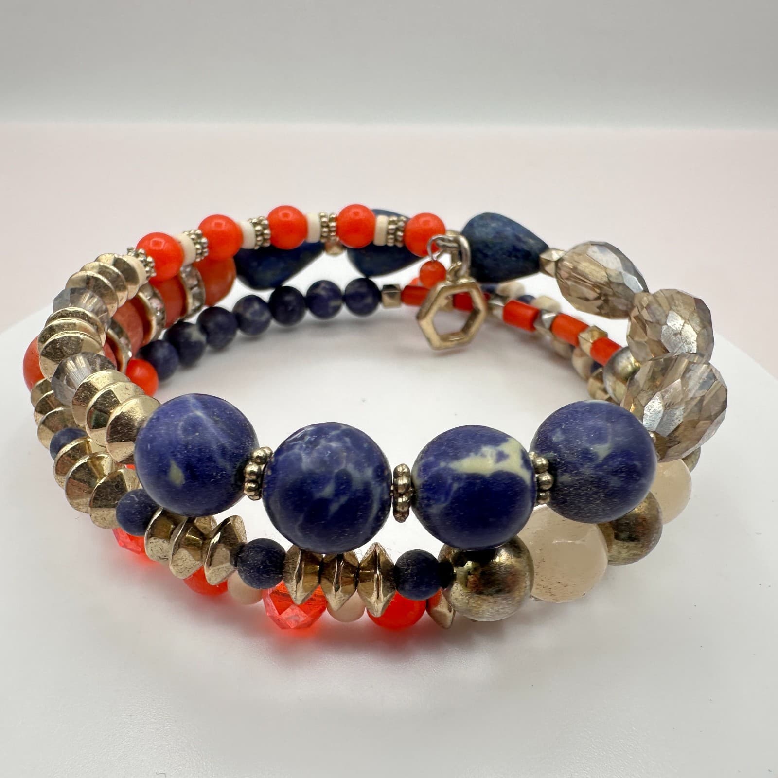 Vintage 90s Boho Stranded Sodalite Orange Bead Memory Wire Wrap Bracelet Jewelry - Thumbnail 3