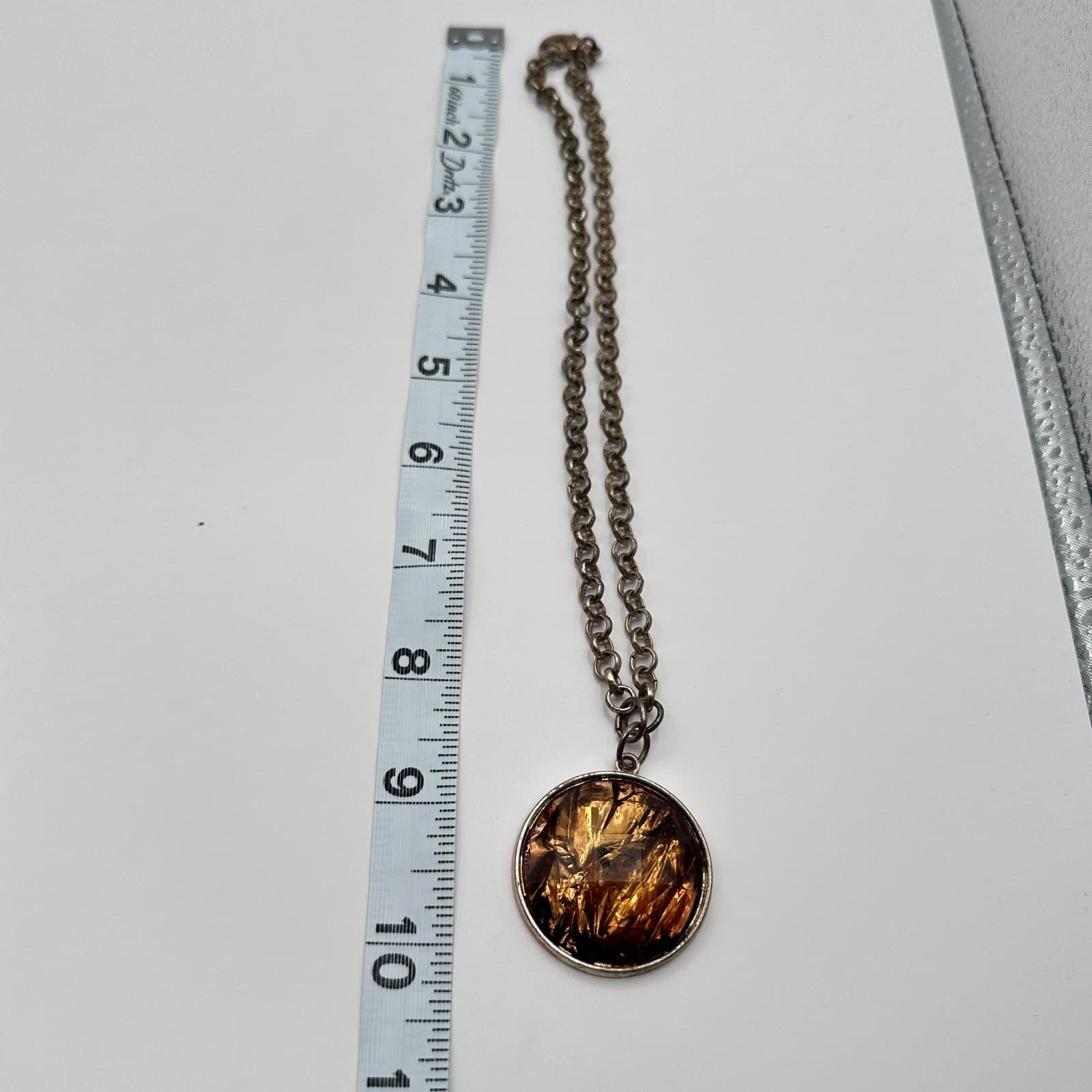 Vintage 90s Silver Tone Amber Foil Glass Round Pendant Necklace Women's Jewelry - Thumbnail 8