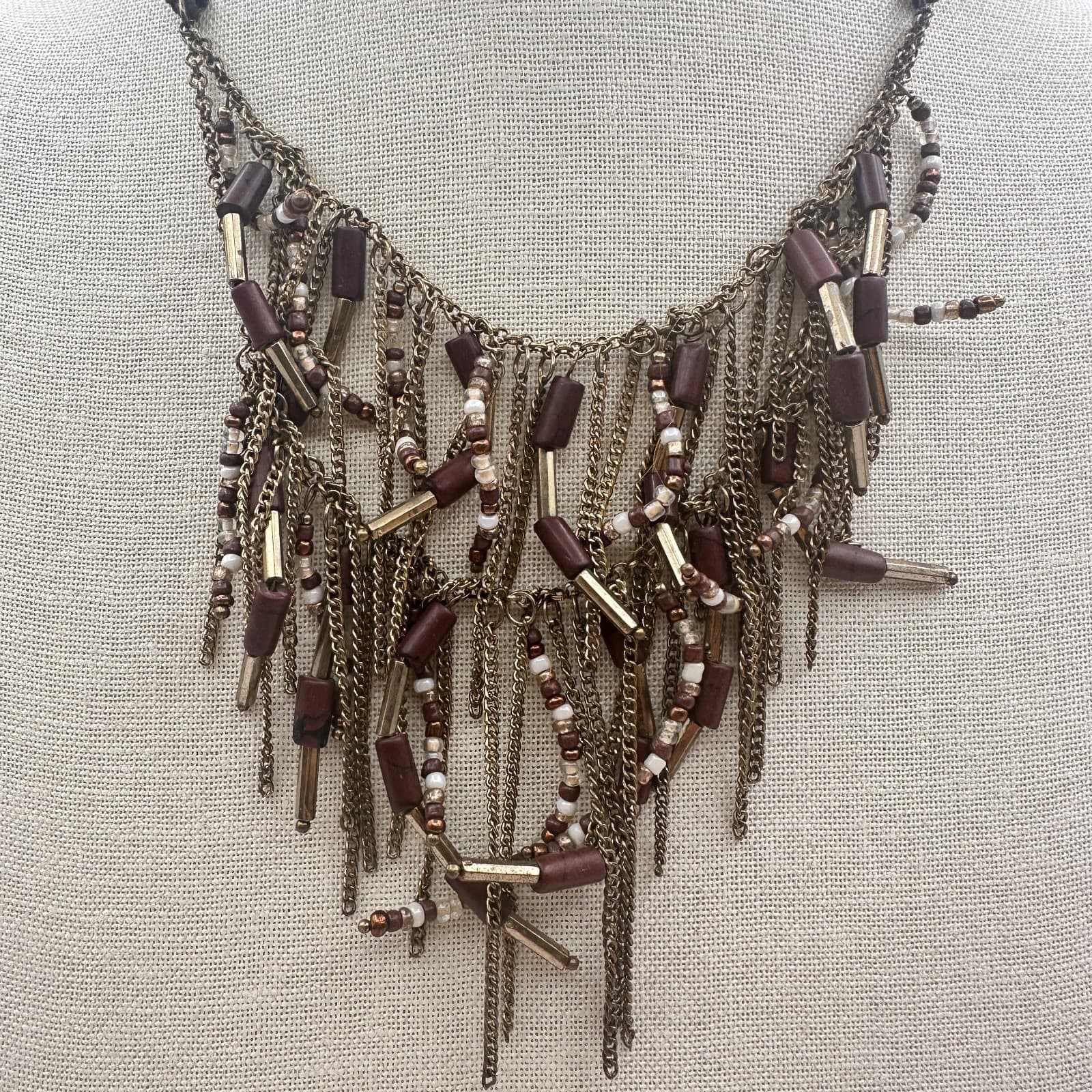 Vintage Y2K Gold Tone Multi Chain Tassel Beaded Boho Fringe Statement Necklace - Thumbnail 2