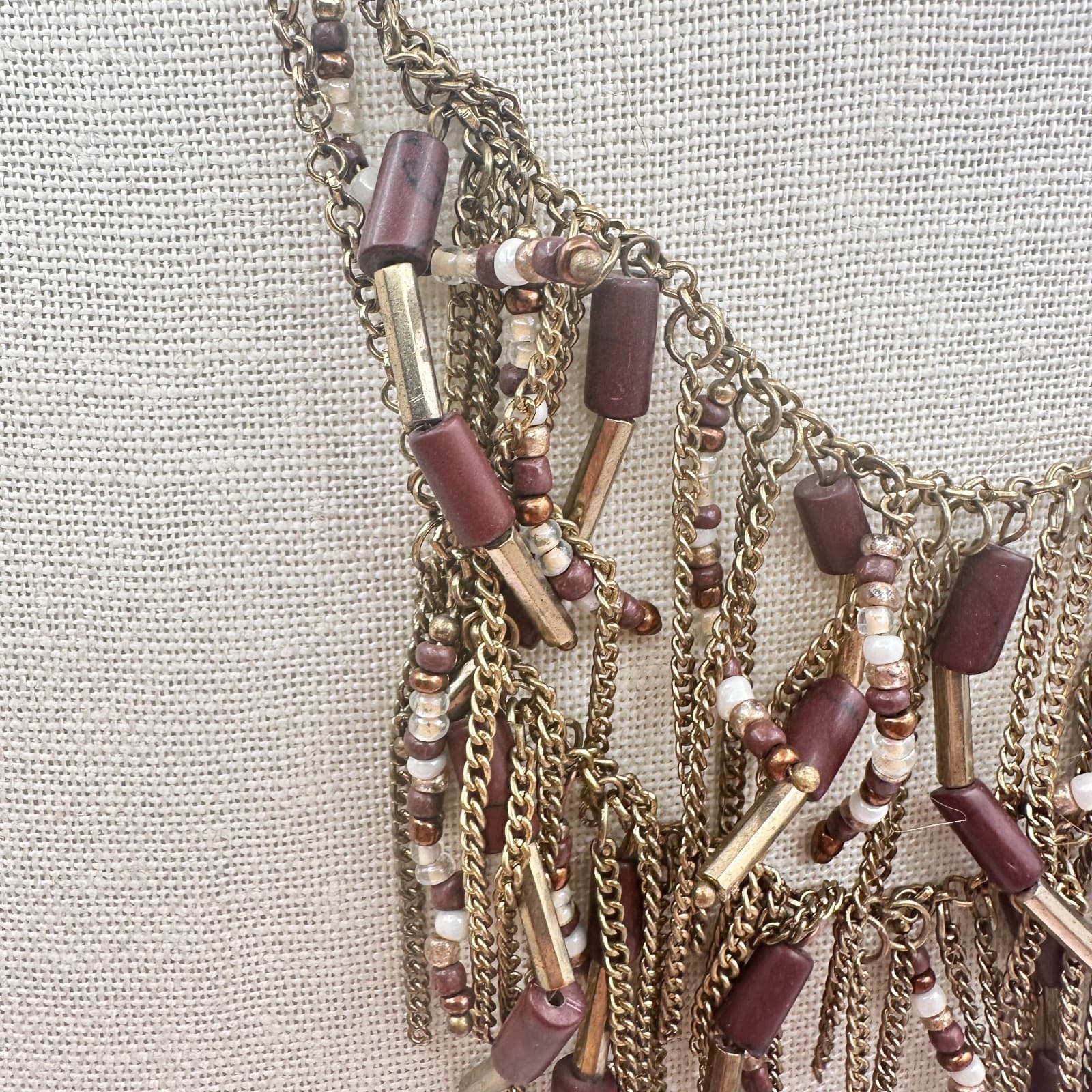 Vintage Y2K Gold Tone Multi Chain Tassel Beaded Boho Fringe Statement Necklace - Thumbnail 5