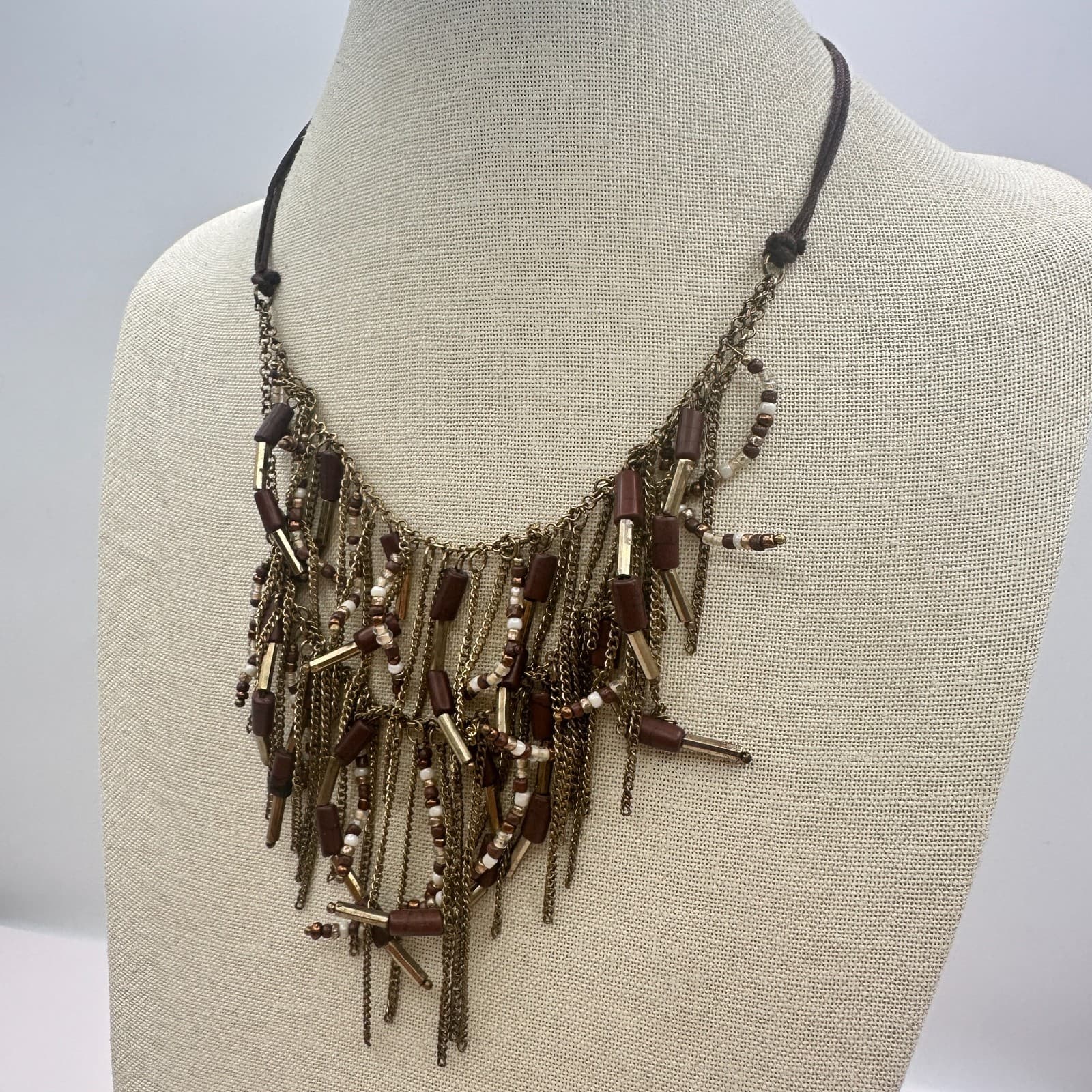 Vintage Y2K Gold Tone Multi Chain Tassel Beaded Boho Fringe Statement Necklace - Thumbnail 8