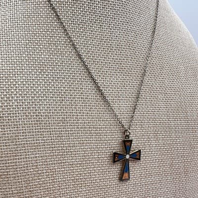 Vintage 90s Silver Tone Cloisonné Enamel Cross Pendant Necklace Women's Jewelry - Thumbnail 3