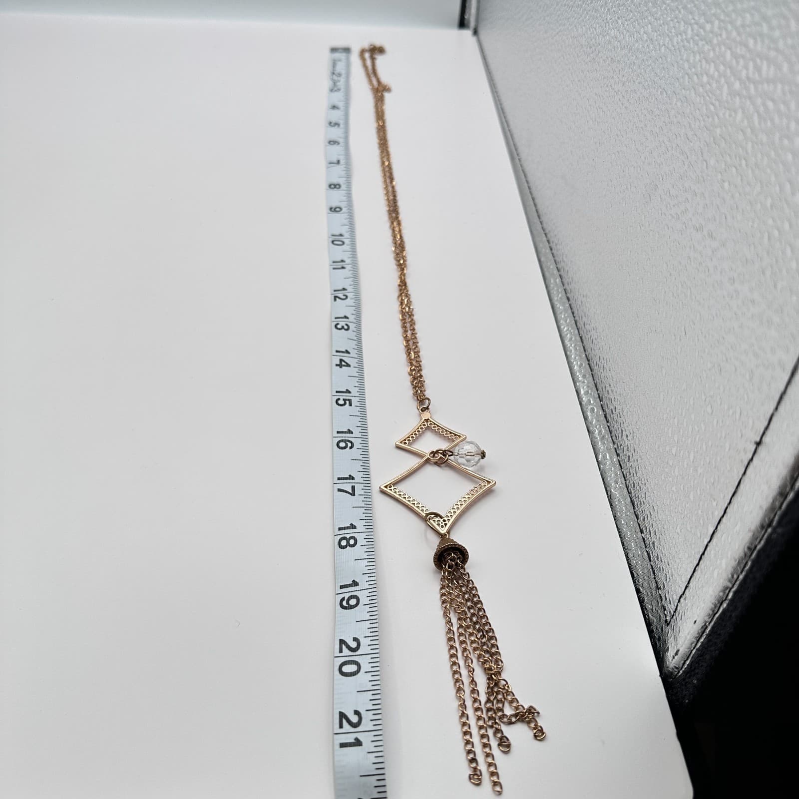 Vintage 90s Rose Gold Tone Clear Beaded Geometric Pendant Necklace Tassel Chain - Thumbnail 9