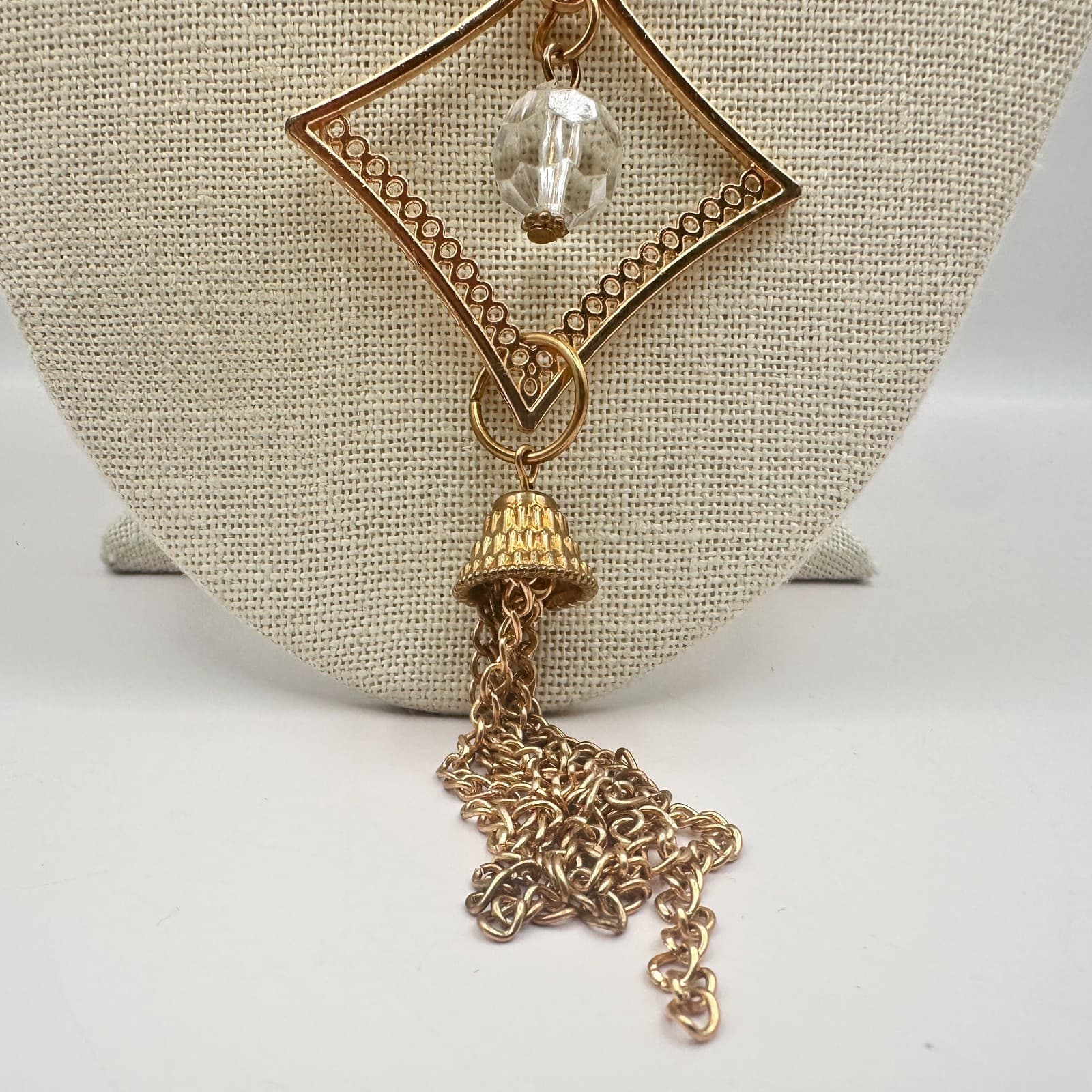 Vintage 90s Rose Gold Tone Clear Beaded Geometric Pendant Necklace Tassel Chain - Thumbnail 2