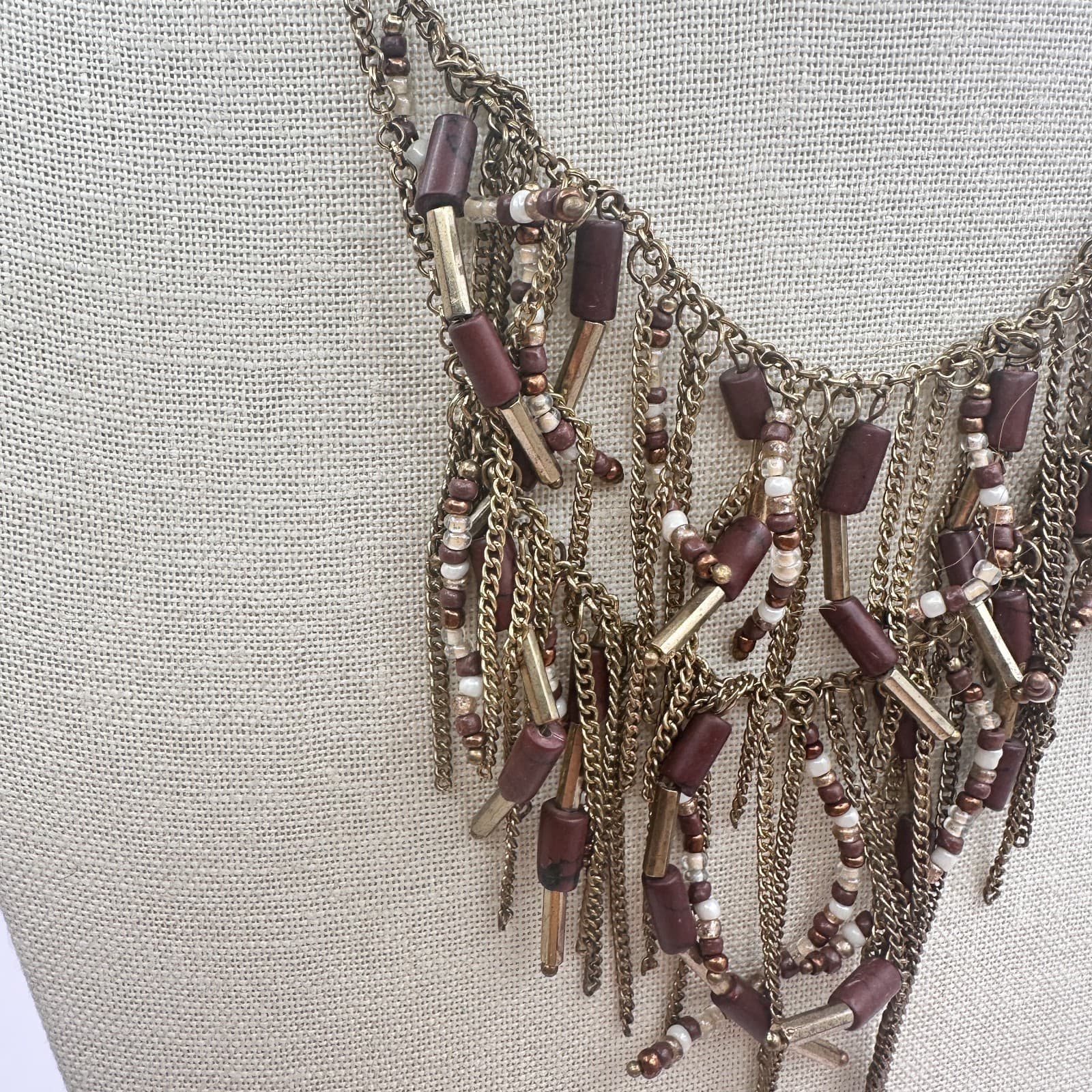 Vintage Y2K Gold Tone Multi Chain Tassel Beaded Boho Fringe Statement Necklace - Thumbnail 6