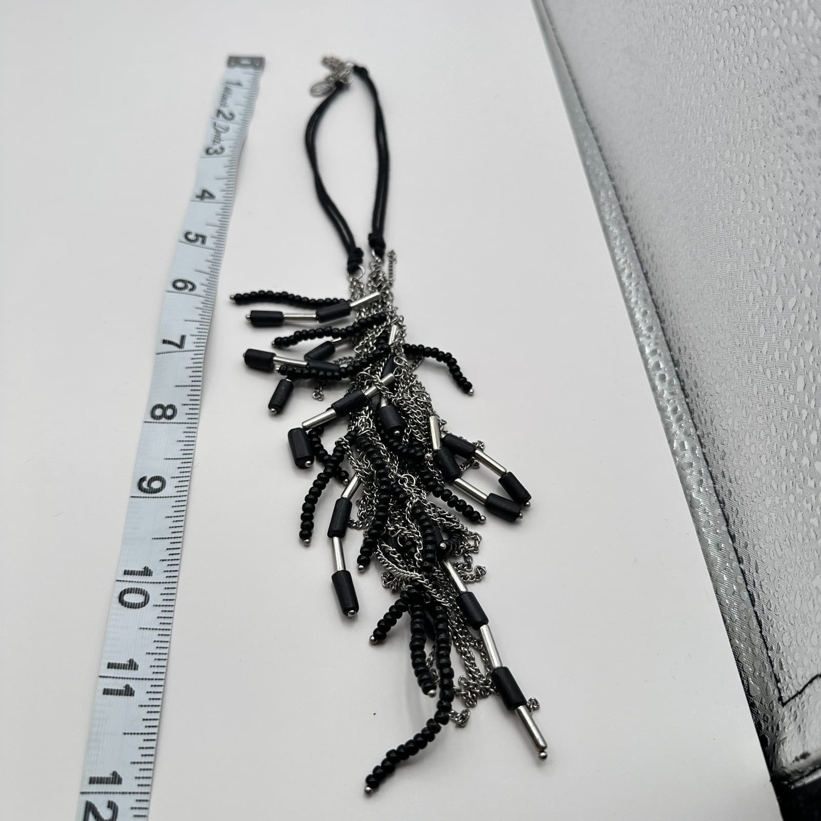 Vintage Y2K Silver Tone Multi Chain Black Beaded Boho Fringe Statement Necklace - Thumbnail 7
