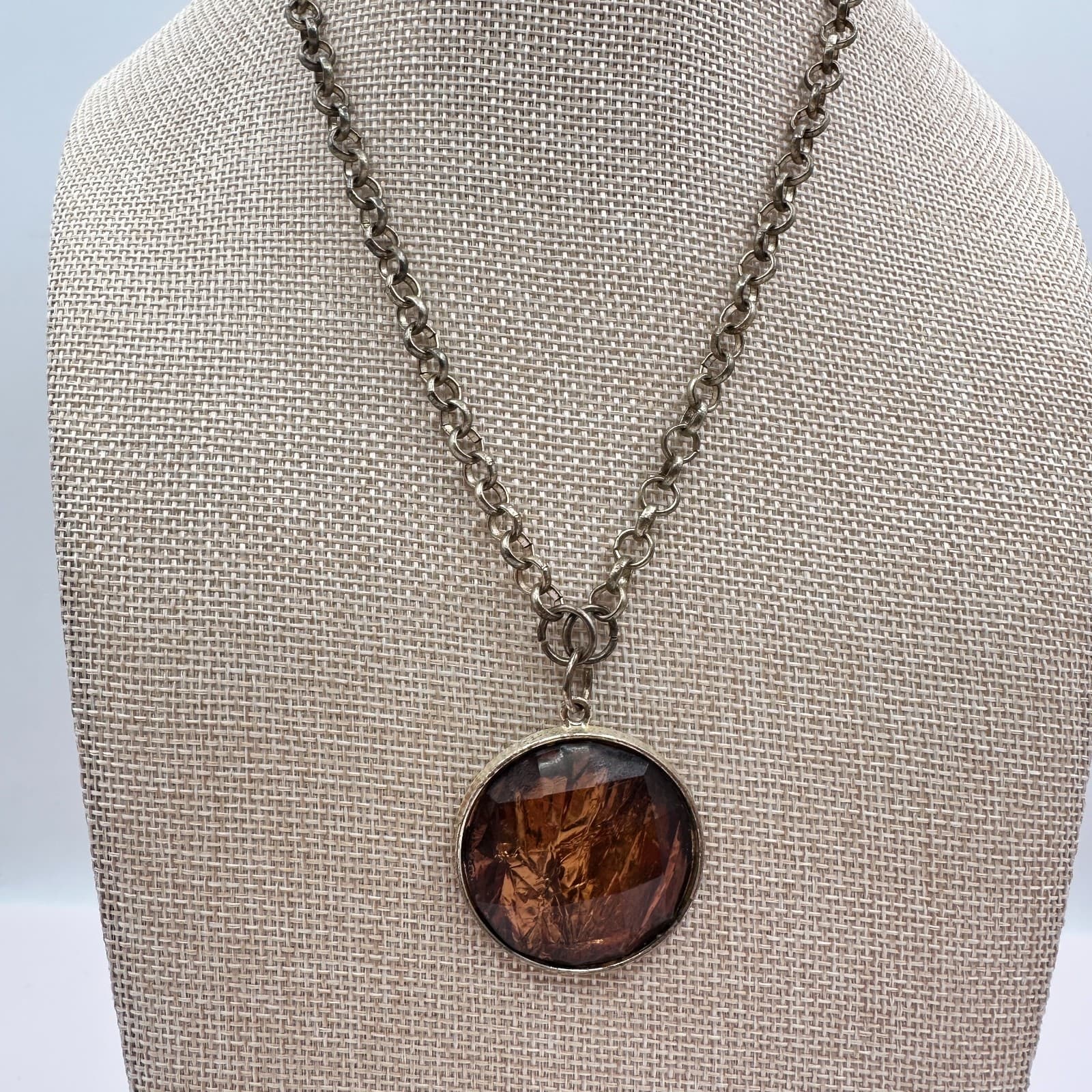 Vintage 90s Silver Tone Amber Foil Glass Round Pendant Necklace Women's Jewelry - Thumbnail 2