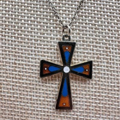 Vintage 90s Silver Tone Cloisonné Enamel Cross Pendant Necklace Women's Jewelry - Thumbnail 5