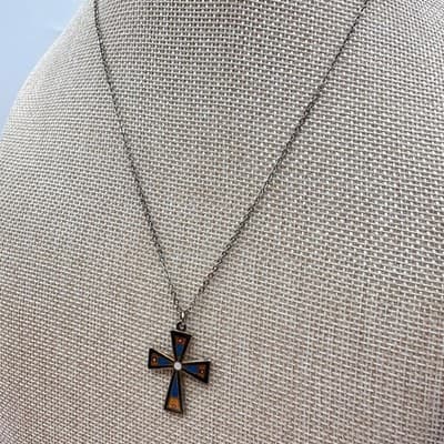 Vintage 90s Silver Tone Cloisonné Enamel Cross Pendant Necklace Women's Jewelry - Thumbnail 4