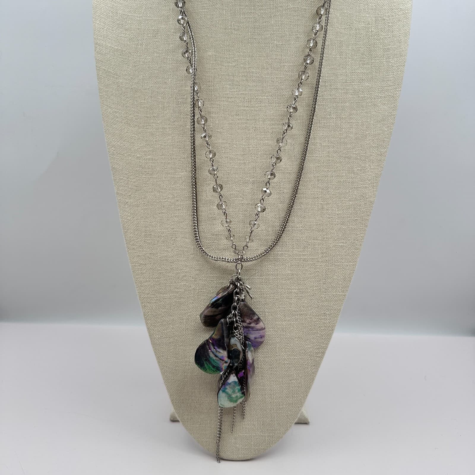 Vintage Y2K Silver Tone Multi Strand Beaded Boho Abalone Shell Pendant Necklace - Thumbnail 2