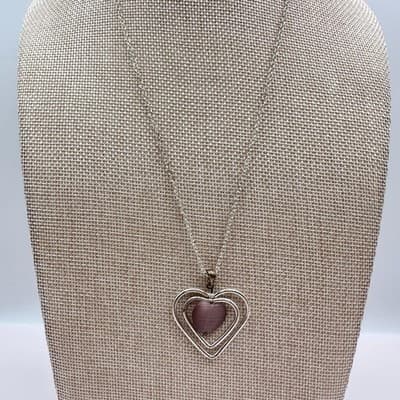 Vintage Y2K Pink Stone Silver Tone Triple Heart Pendant Necklace Women's Jewelry - Thumbnail 2
