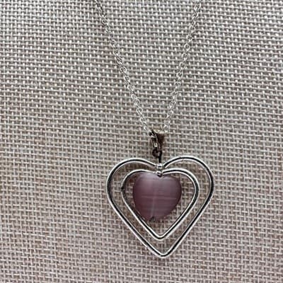 Vintage Y2K Pink Stone Silver Tone Triple Heart Pendant Necklace Women's Jewelry - Thumbnail 4