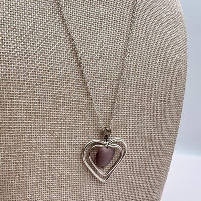 Vintage Y2K Pink Stone Silver Tone Triple Heart Pendant Necklace Women's Jewelry - Thumbnail 5