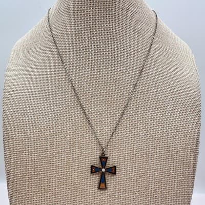 Vintage 90s Silver Tone Cloisonné Enamel Cross Pendant Necklace Women's Jewelry - Thumbnail 2