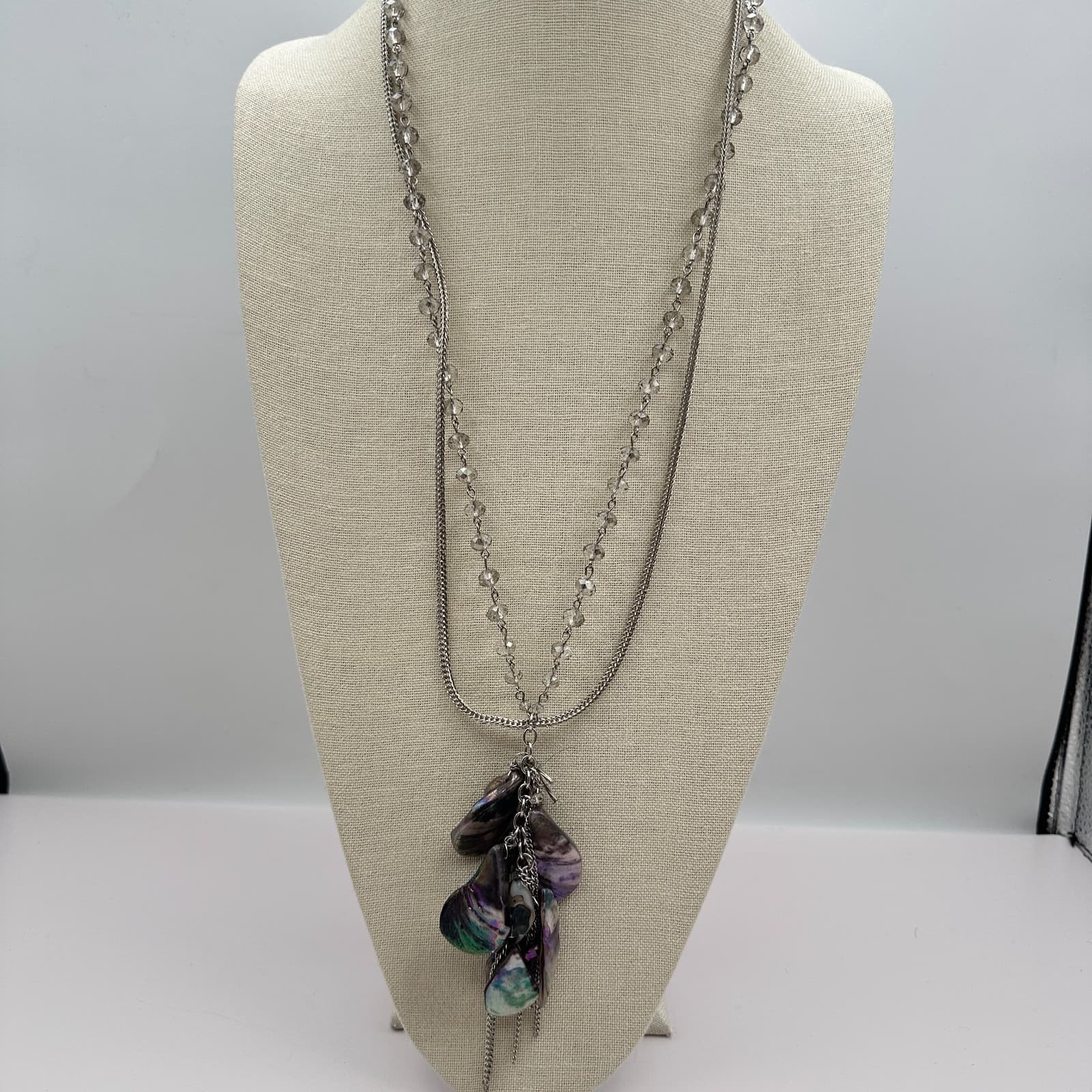 Vintage Y2K Silver Tone Multi Strand Beaded Boho Abalone Shell Pendant Necklace - Thumbnail 4