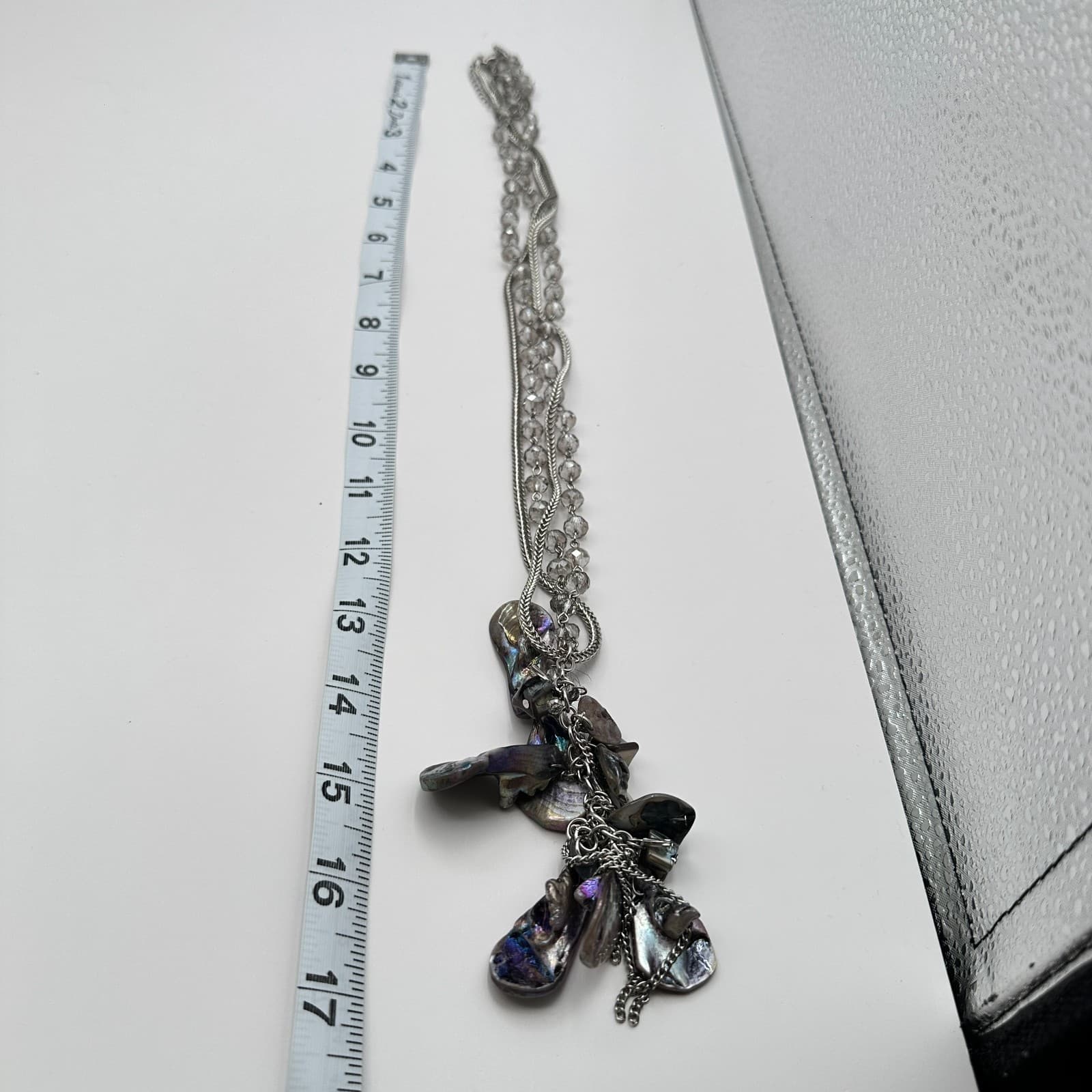 Vintage Y2K Silver Tone Multi Strand Beaded Boho Abalone Shell Pendant Necklace - Thumbnail 8
