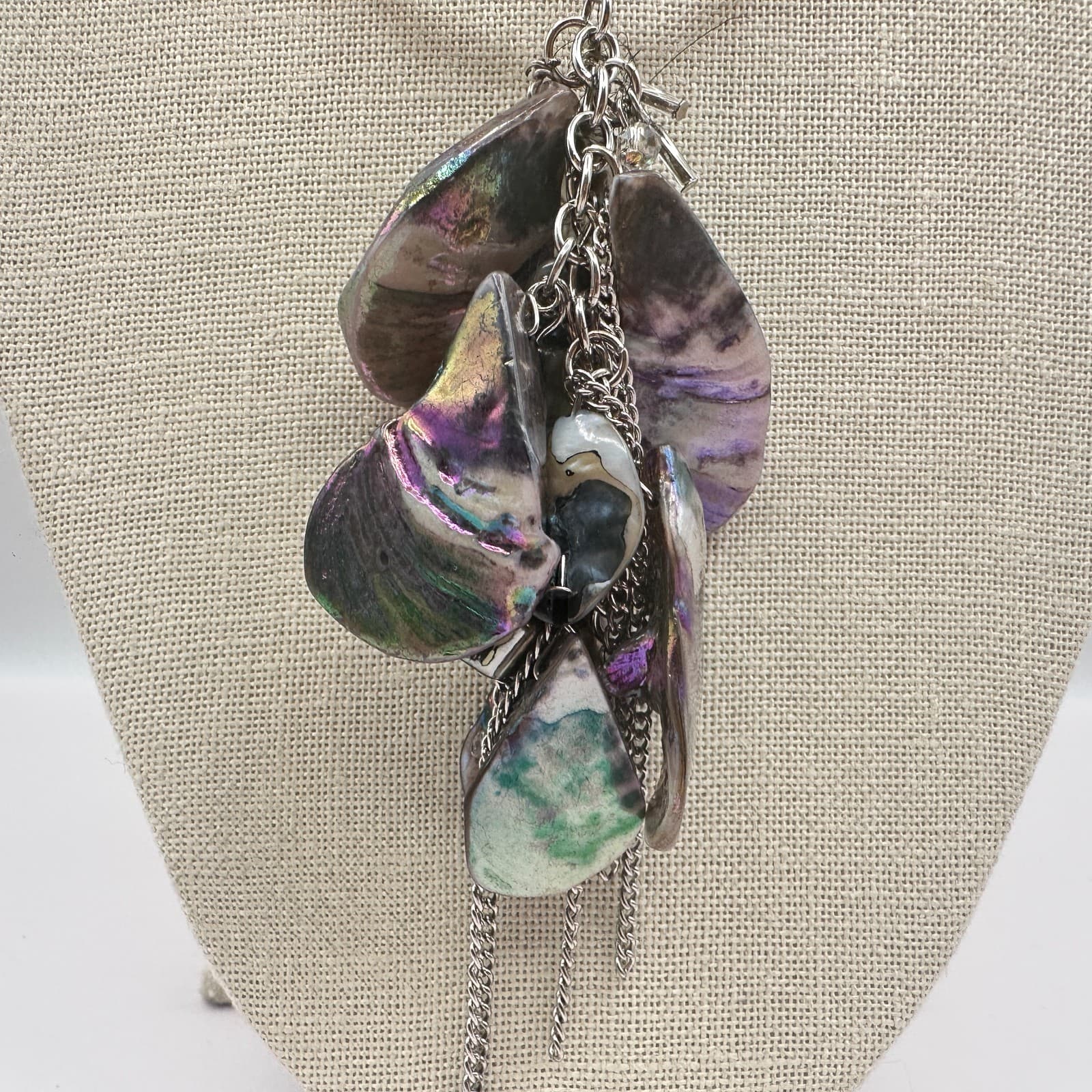Vintage Y2K Silver Tone Multi Strand Beaded Boho Abalone Shell Pendant Necklace - Thumbnail 3