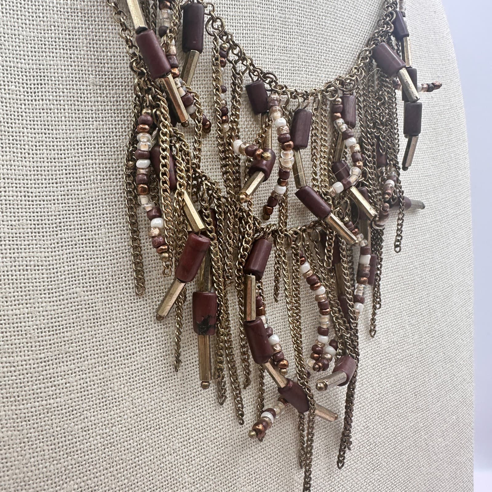 Vintage Y2K Gold Tone Multi Chain Tassel Beaded Boho Fringe Statement Necklace - Thumbnail 3
