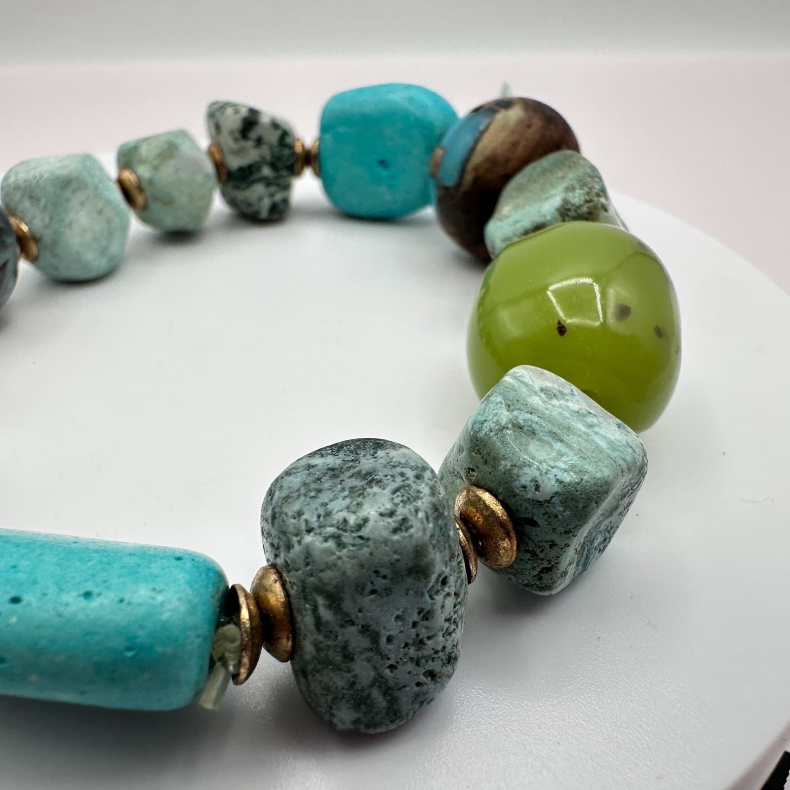 Vintage 90s Chunky Turquoise Green Stone Beaded Stretch Bracelet Fashion Jewelry - Thumbnail 5