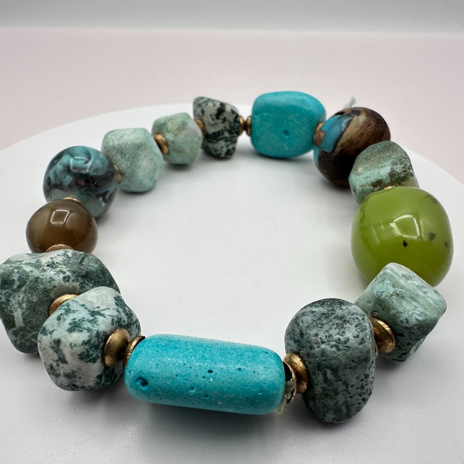 Vintage 90s Chunky Turquoise Green Stone Beaded Stretch Bracelet Fashion Jewelry - Thumbnail 4
