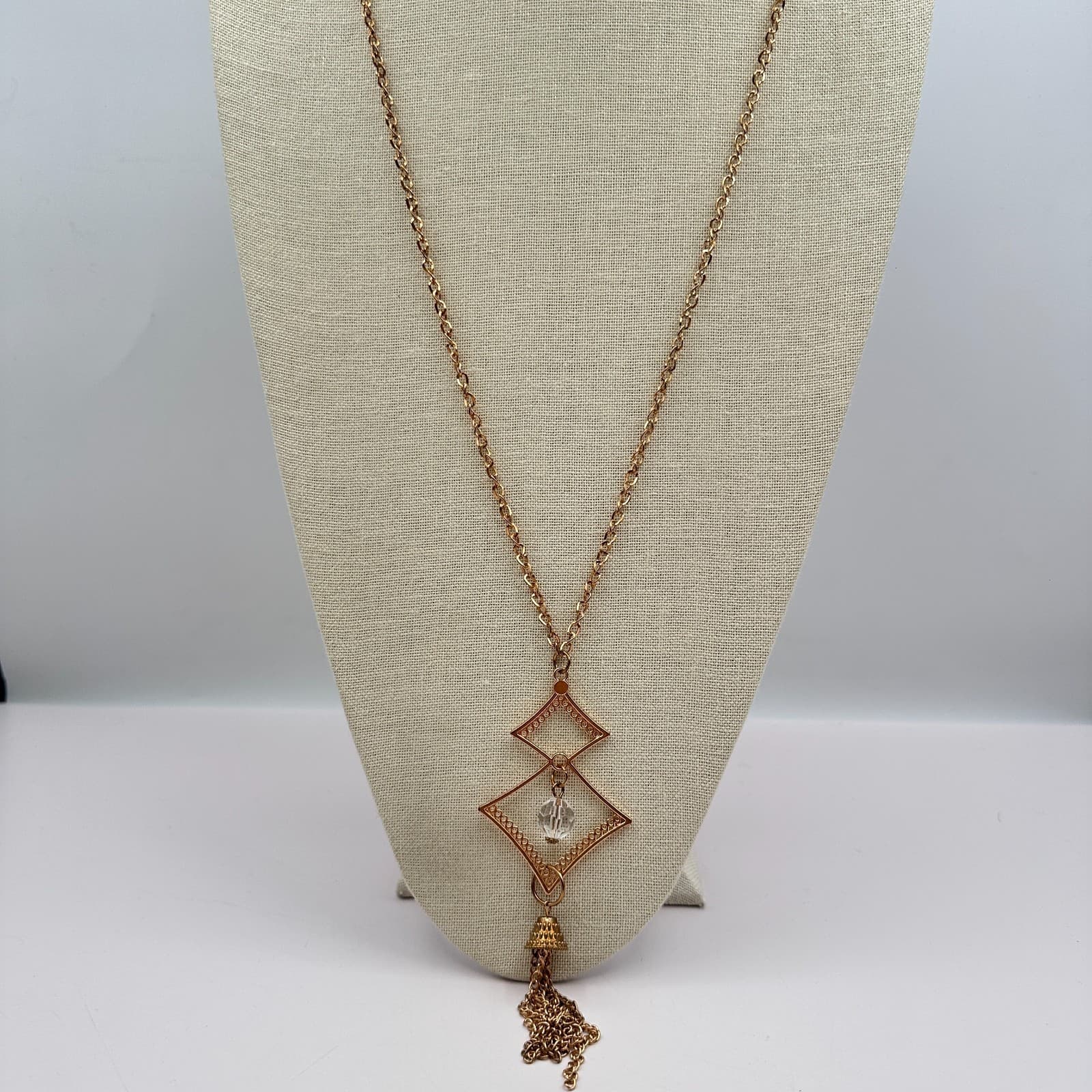 Vintage 90s Rose Gold Tone Clear Beaded Geometric Pendant Necklace Tassel Chain - Thumbnail 6