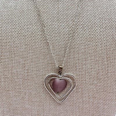 Vintage Y2K Pink Stone Silver Tone Triple Heart Pendant Necklace Women's Jewelry - Thumbnail 3