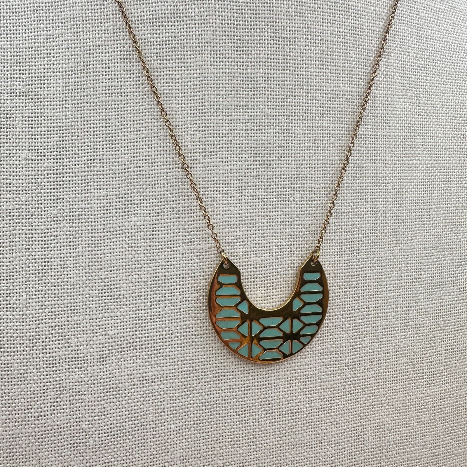 Vintage 90s Stella & Dot Breezeblock Gold Tone Turquoise Pendant Necklace - Thumbnail 4
