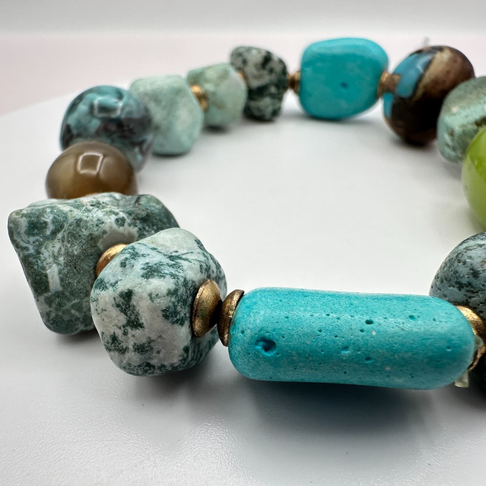 Vintage 90s Chunky Turquoise Green Stone Beaded Stretch Bracelet Fashion Jewelry - Thumbnail 7