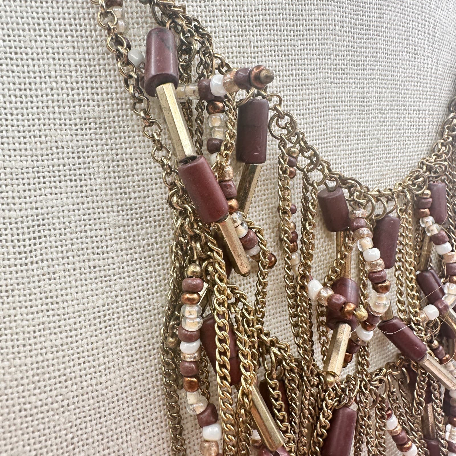 Vintage Y2K Gold Tone Multi Chain Tassel Beaded Boho Fringe Statement Necklace - Thumbnail 4