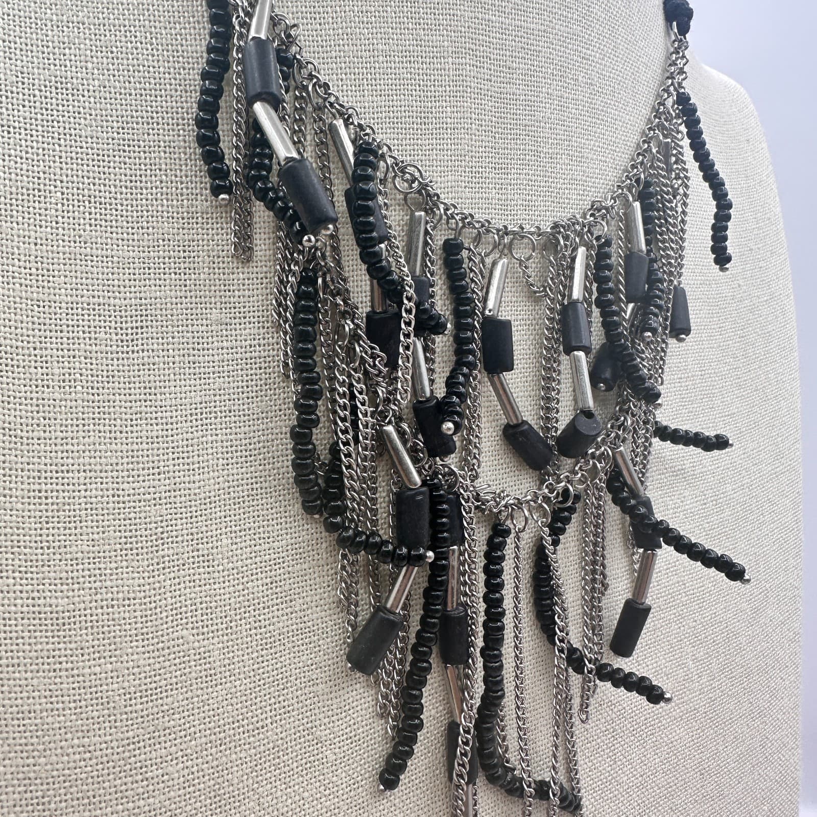 Vintage Y2K Silver Tone Multi Chain Black Beaded Boho Fringe Statement Necklace - Thumbnail 3