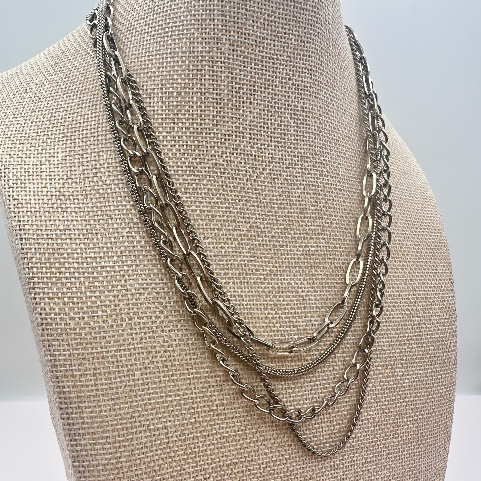 Vintage Y2K Multi Strand Silver Tone Chain Necklace Women's Classic Jewelry - Thumbnail 5