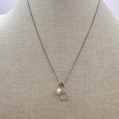 Vintage Y2K Rose Quartz Pearl Teardrop Pendant Necklace Silver Tone Jewelry - Thumbnail 2