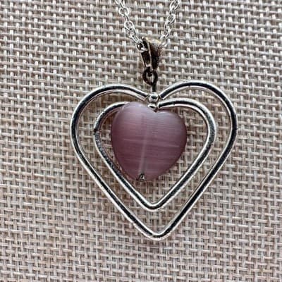 Vintage Y2K Pink Stone Silver Tone Triple Heart Pendant Necklace Women's Jewelry