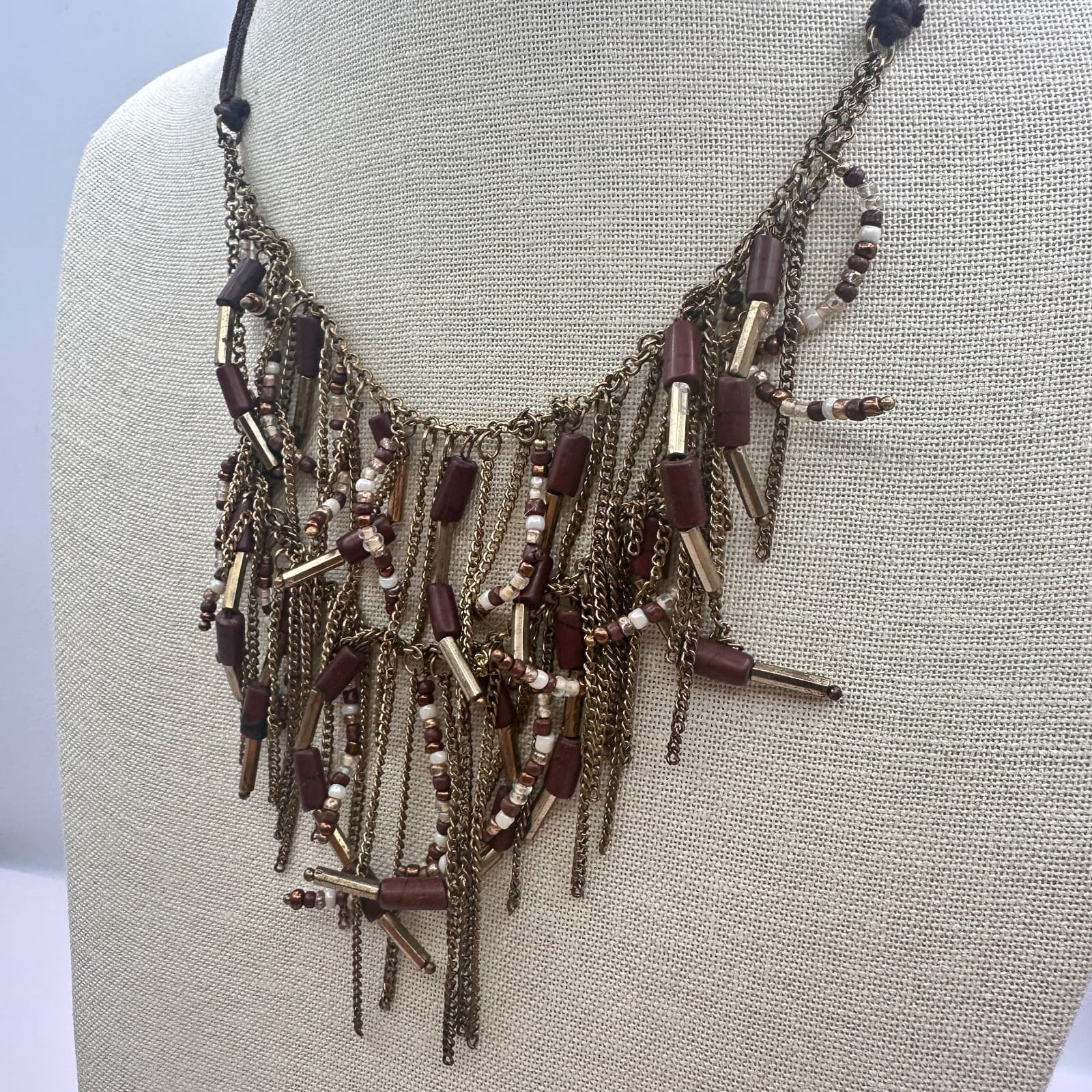 Vintage Y2K Gold Tone Multi Chain Tassel Beaded Boho Fringe Statement Necklace - Thumbnail 7