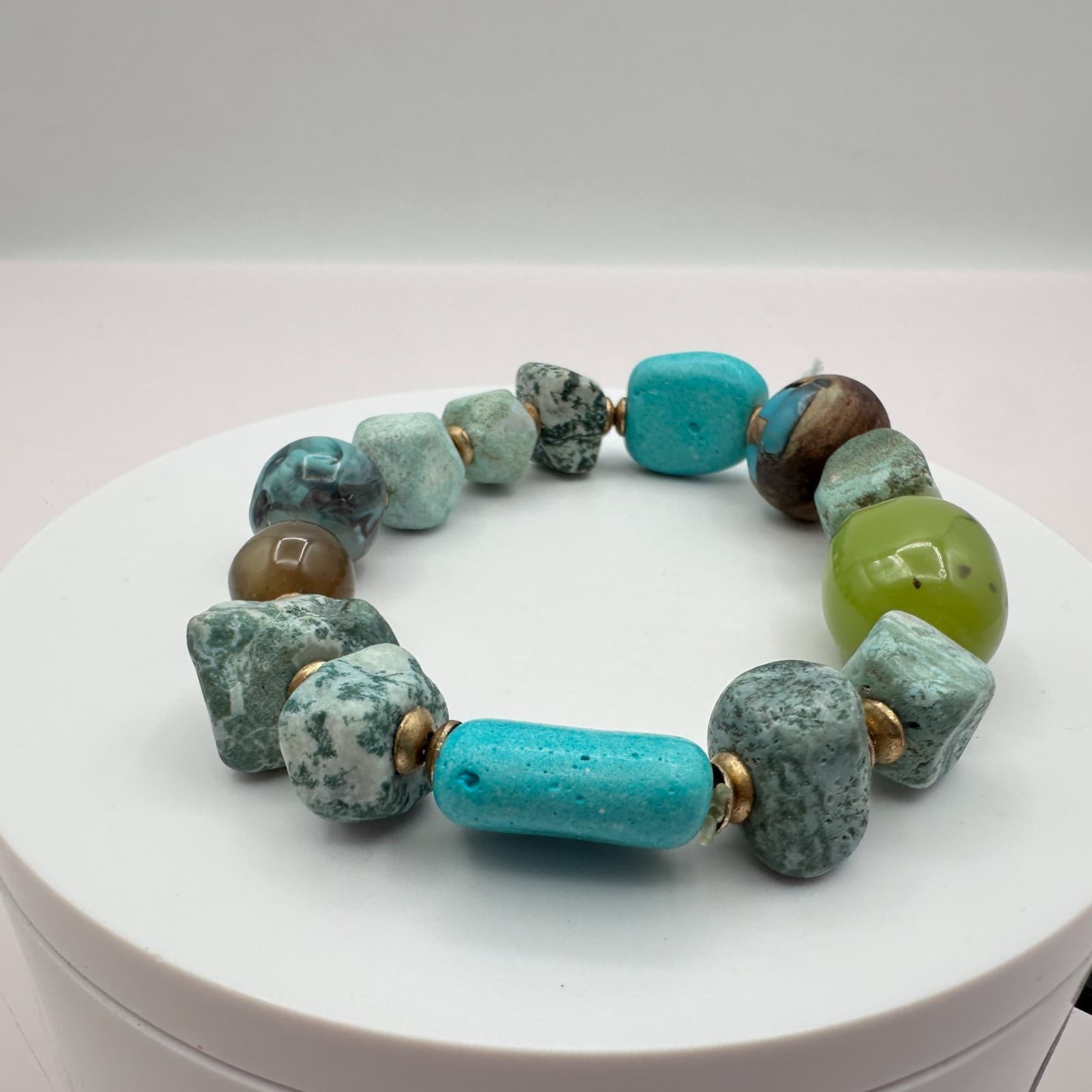 Vintage 90s Chunky Turquoise Green Stone Beaded Stretch Bracelet Fashion Jewelry - Thumbnail 6