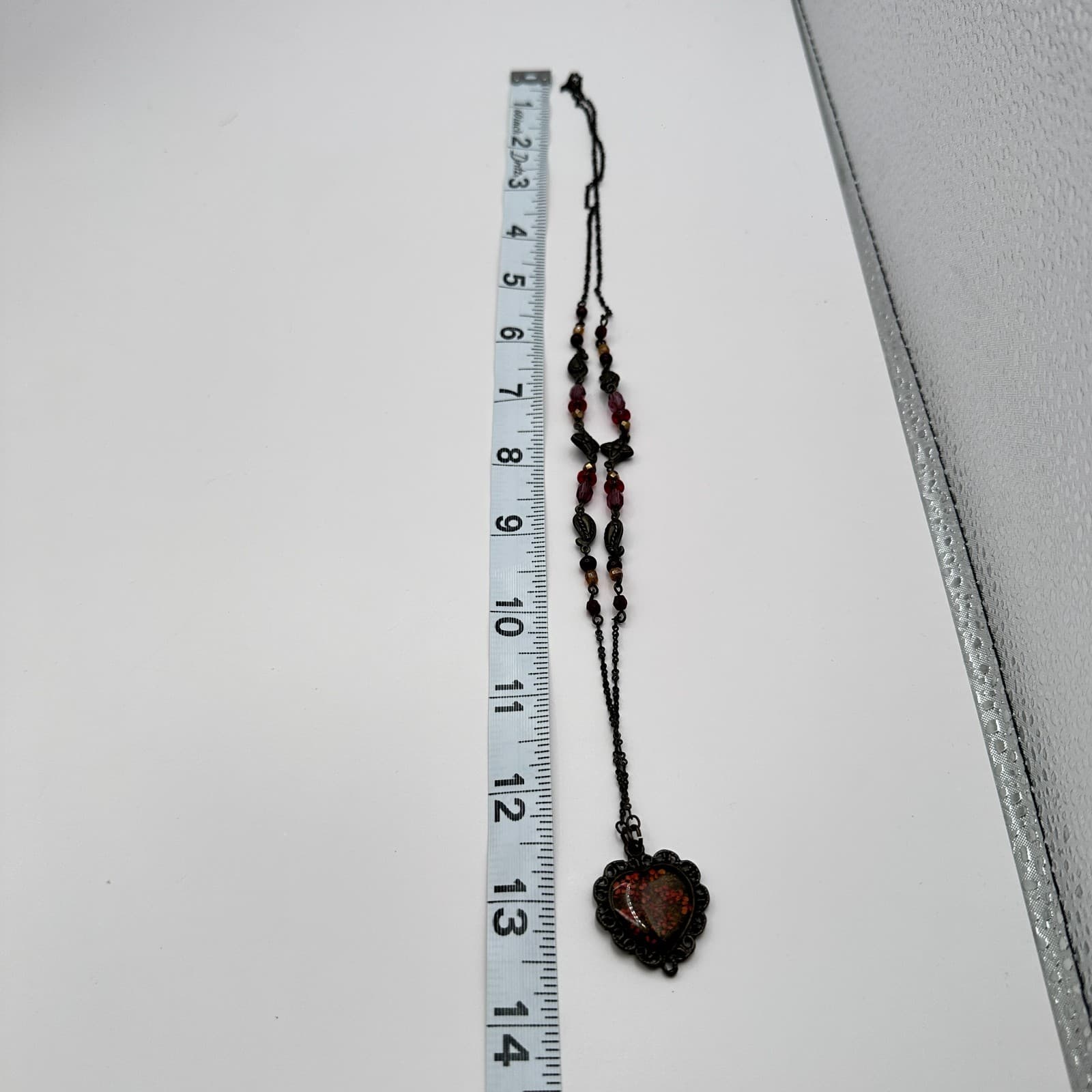 Vintage 80s Glass Beaded Dried Red Pressed Flower Heart Pendant Necklace Jewelry - Thumbnail 8