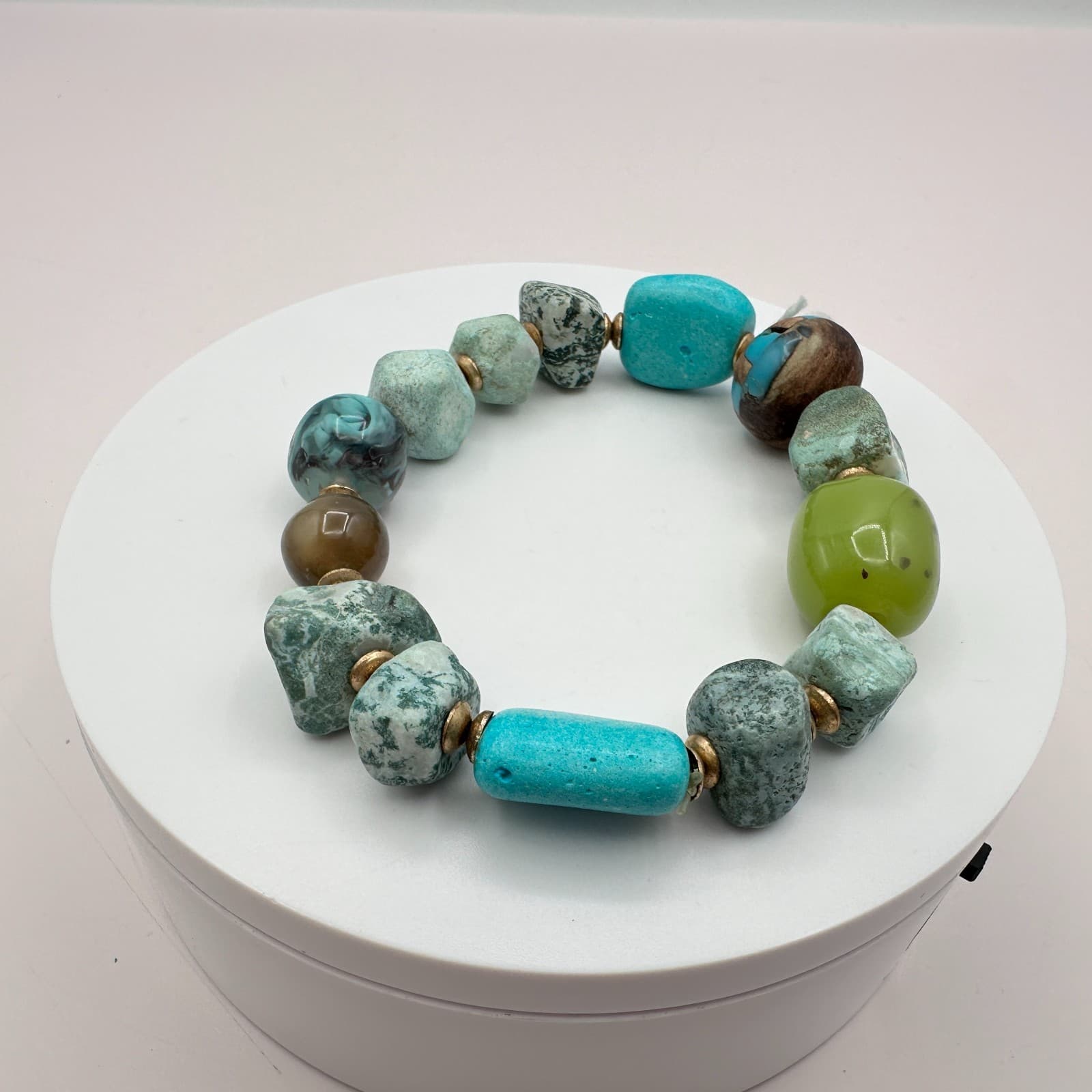 Vintage 90s Chunky Turquoise Green Stone Beaded Stretch Bracelet Fashion Jewelry - Thumbnail 2
