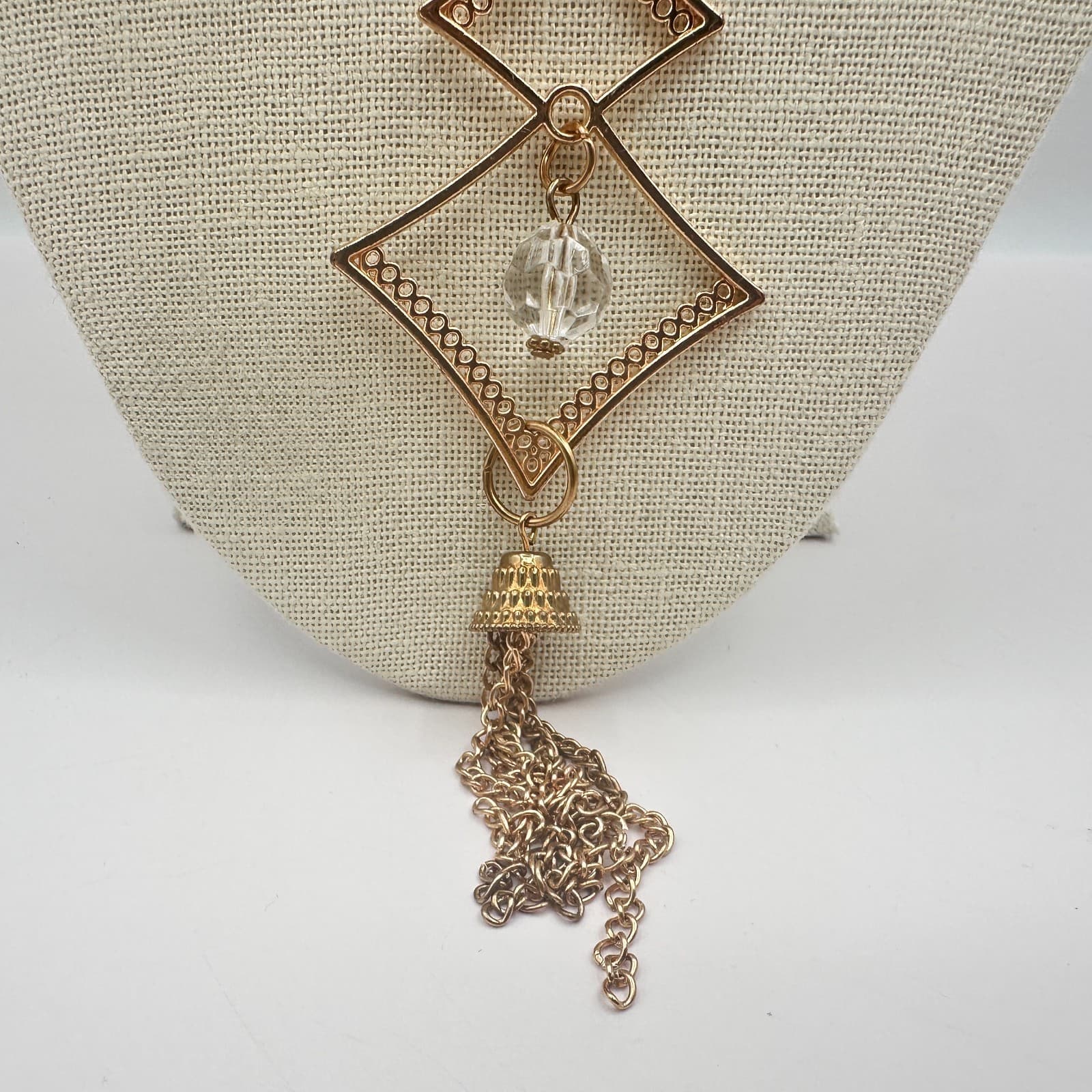 Vintage 90s Rose Gold Tone Clear Beaded Geometric Pendant Necklace Tassel Chain - Thumbnail 4