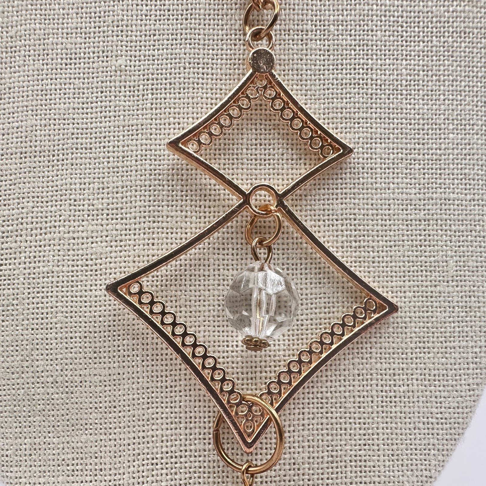 Vintage 90s Rose Gold Tone Clear Beaded Geometric Pendant Necklace Tassel Chain - Thumbnail 3