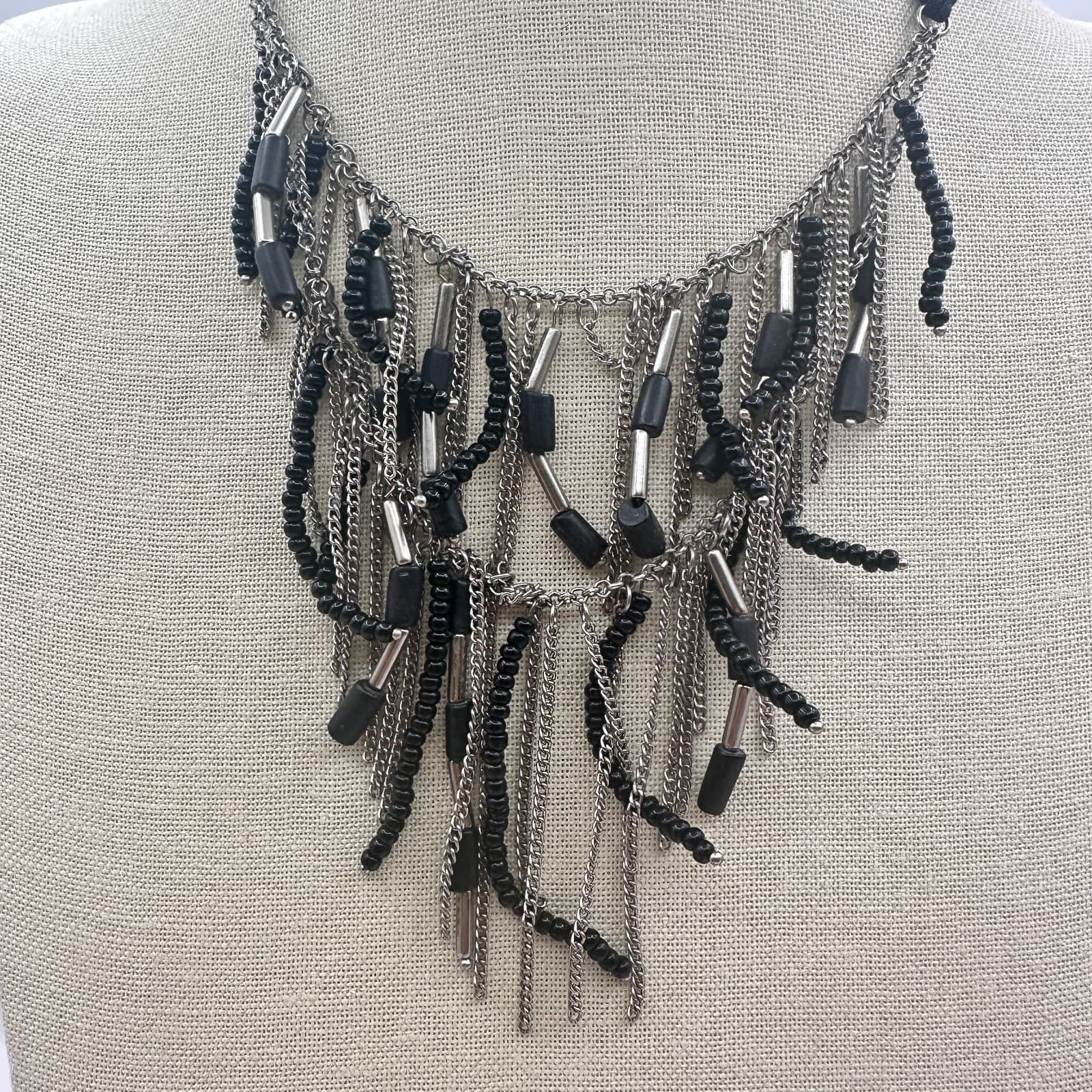 Vintage Y2K Silver Tone Multi Chain Black Beaded Boho Fringe Statement Necklace - Thumbnail 2