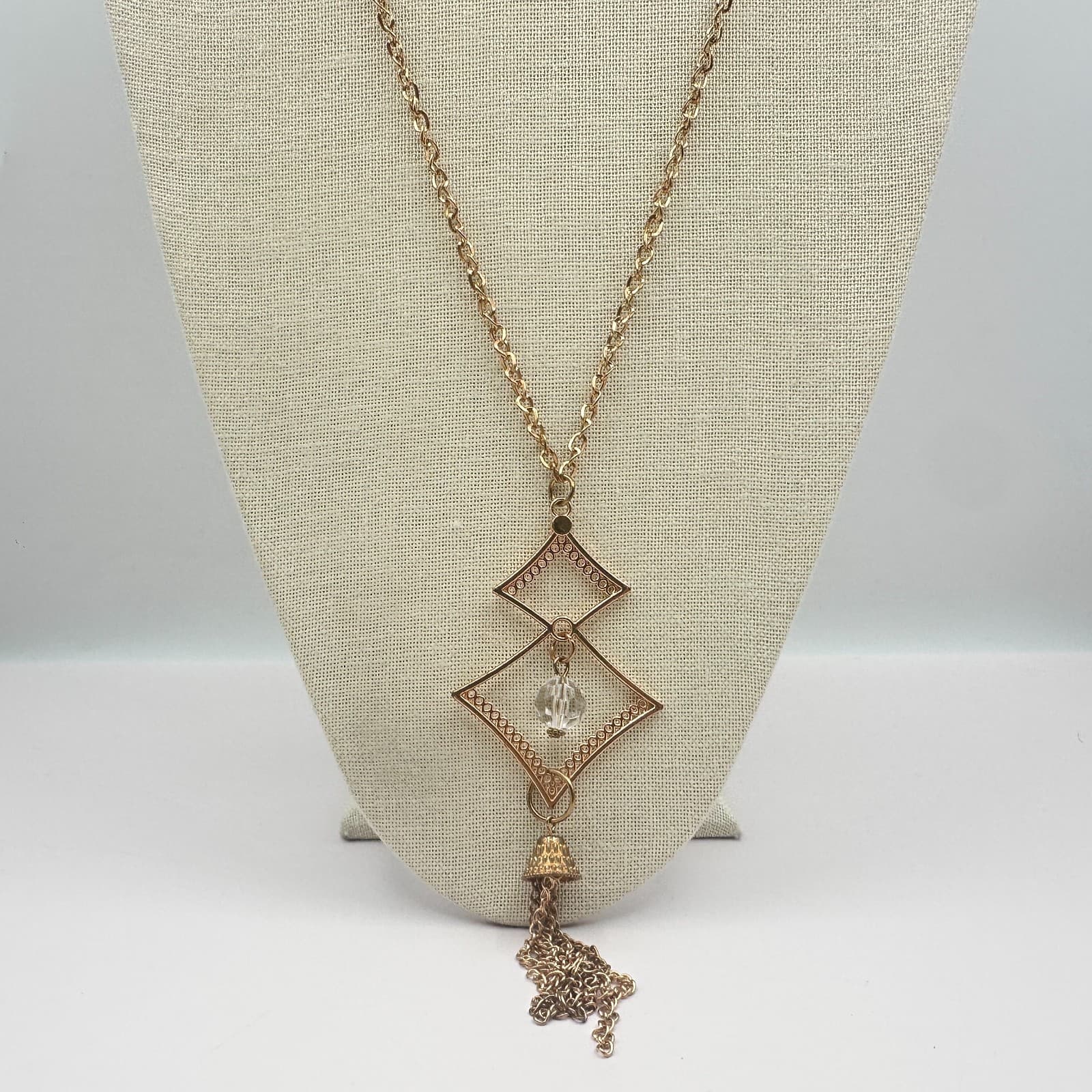 Vintage 90s Rose Gold Tone Clear Beaded Geometric Pendant Necklace Tassel Chain - Thumbnail 5