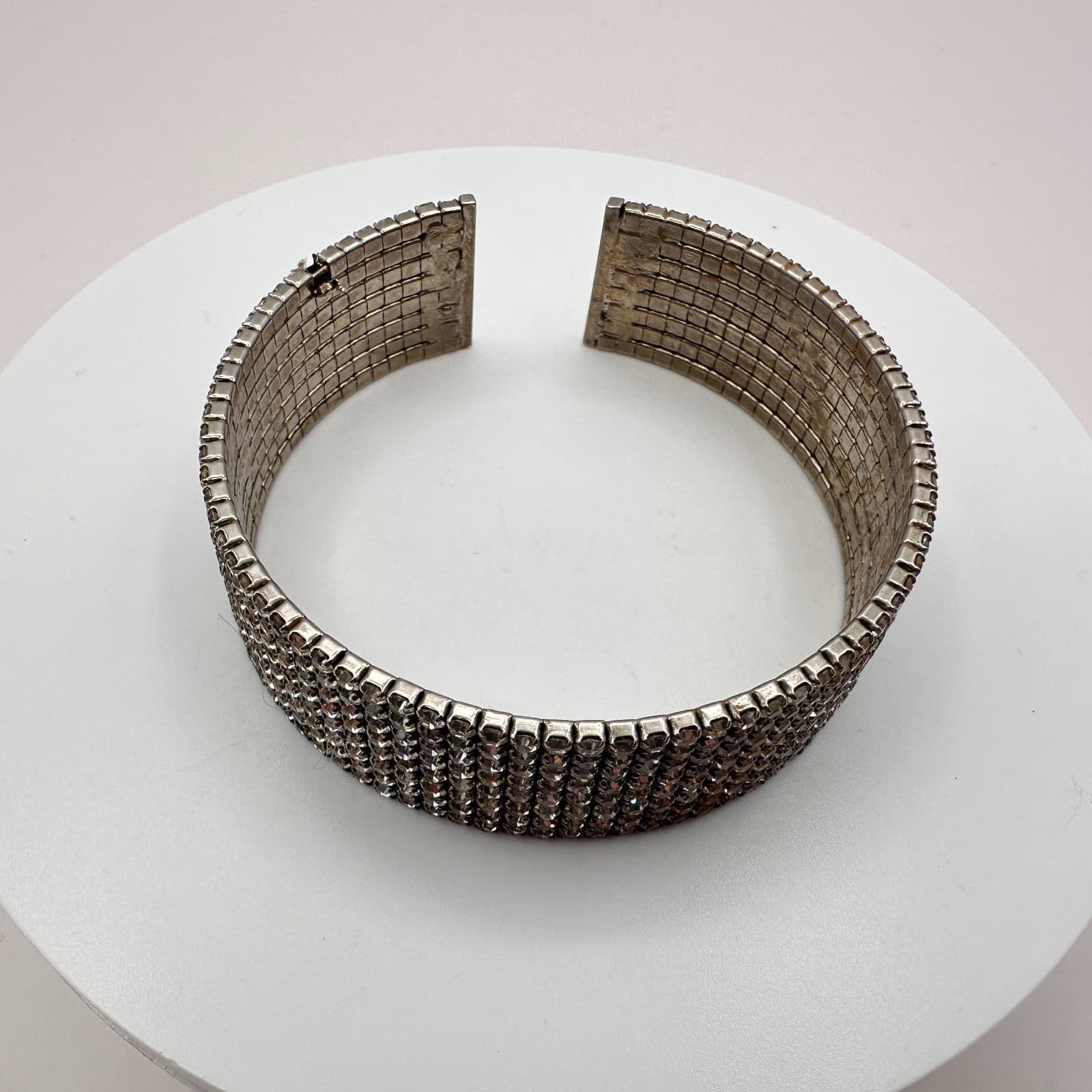 Vintage 50s Multi Row Clear Rhinestone Silver Tone Wide Cuff Bangle Jewelry - Thumbnail 7